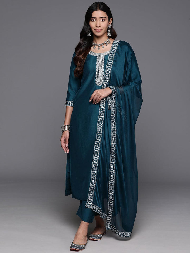 Teal Yoke Design Silk Blend Straight Suit With Dupatta