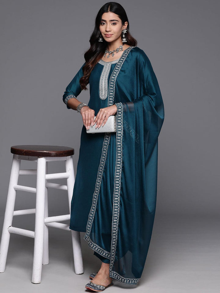 Teal Yoke Design Silk Blend Straight Suit With Dupatta