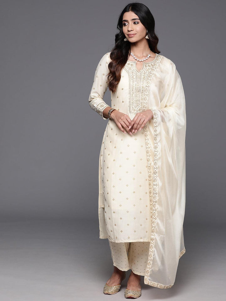 Off White Woven Design Silk Blend Straight Suit With Dupatta