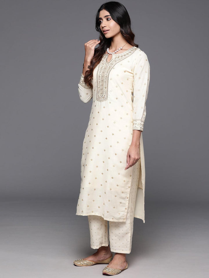Off White Woven Design Silk Blend Straight Suit With Dupatta