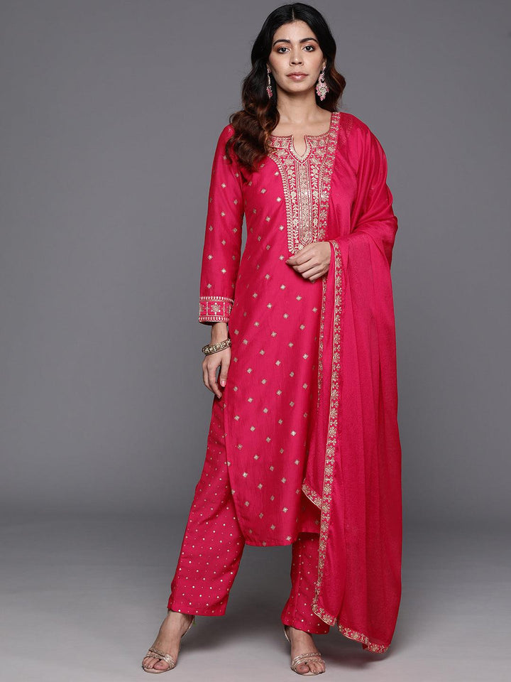 Pink Woven Design Silk Blend Straight Suit With Dupatta