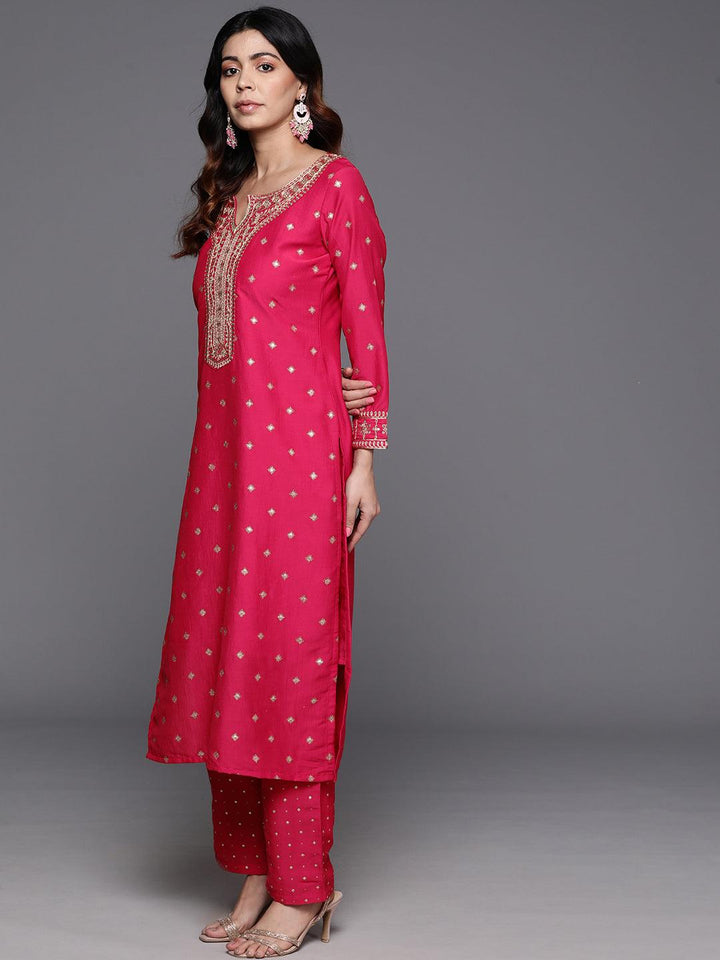 Pink Woven Design Silk Blend Straight Suit With Dupatta