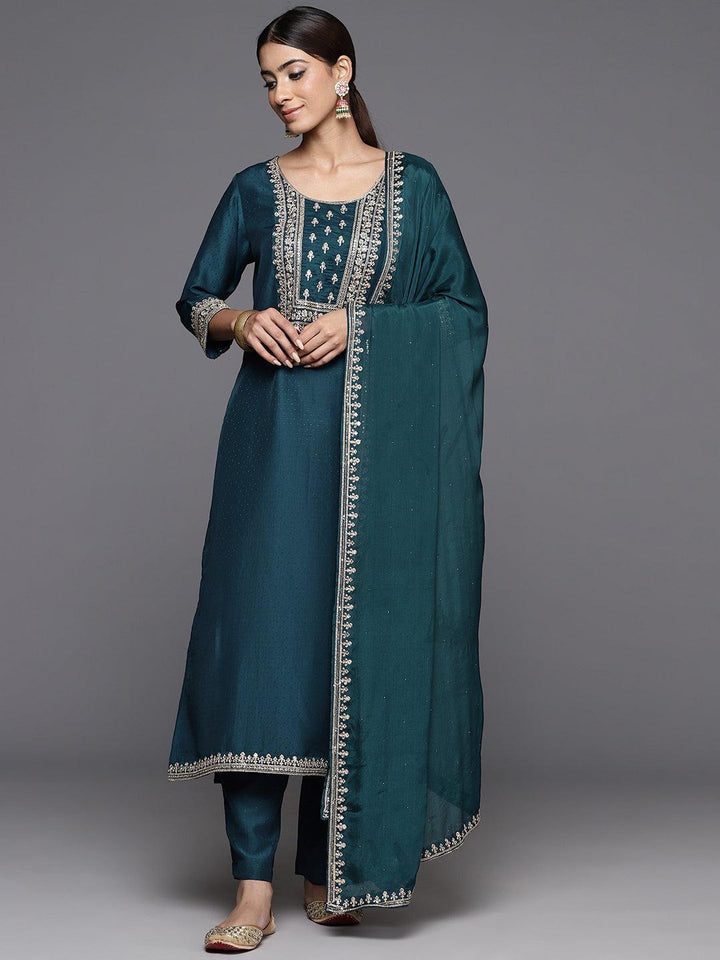 Teal Yoke Design Silk Blend Straight Suit With Dupatta