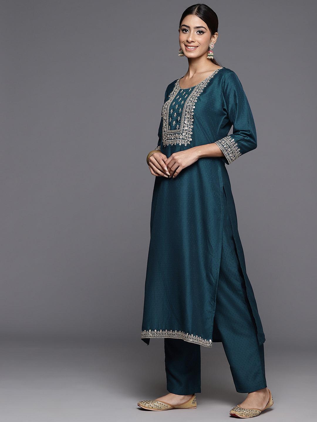 Teal Yoke Design Silk Blend Straight Kurta With Palazzos & Dupatta - ShopLibas