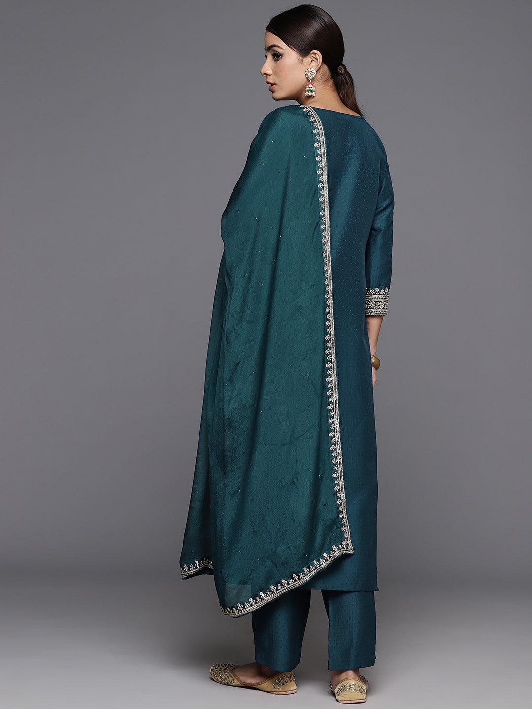 Teal Yoke Design Silk Blend Straight Kurta With Palazzos & Dupatta - ShopLibas