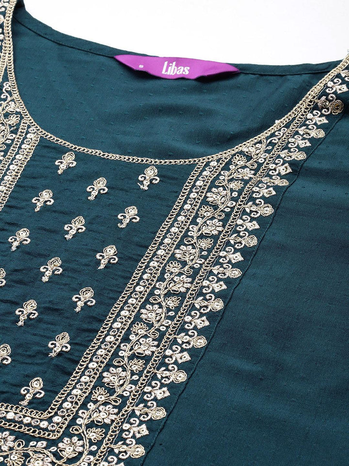 Teal Yoke Design Silk Blend Straight Suit With Dupatta