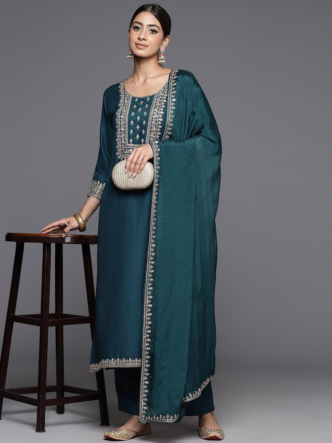 Teal Yoke Design Silk Blend Straight Kurta With Palazzos & Dupatta - ShopLibas