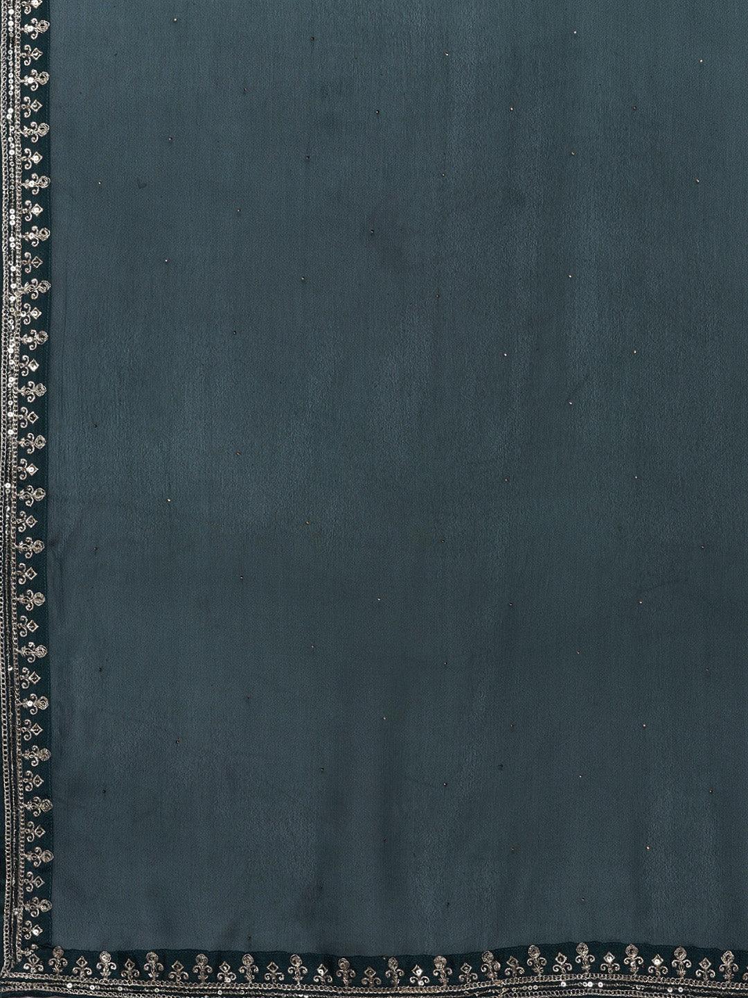 Teal Yoke Design Silk Blend Straight Kurta With Palazzos & Dupatta - ShopLibas