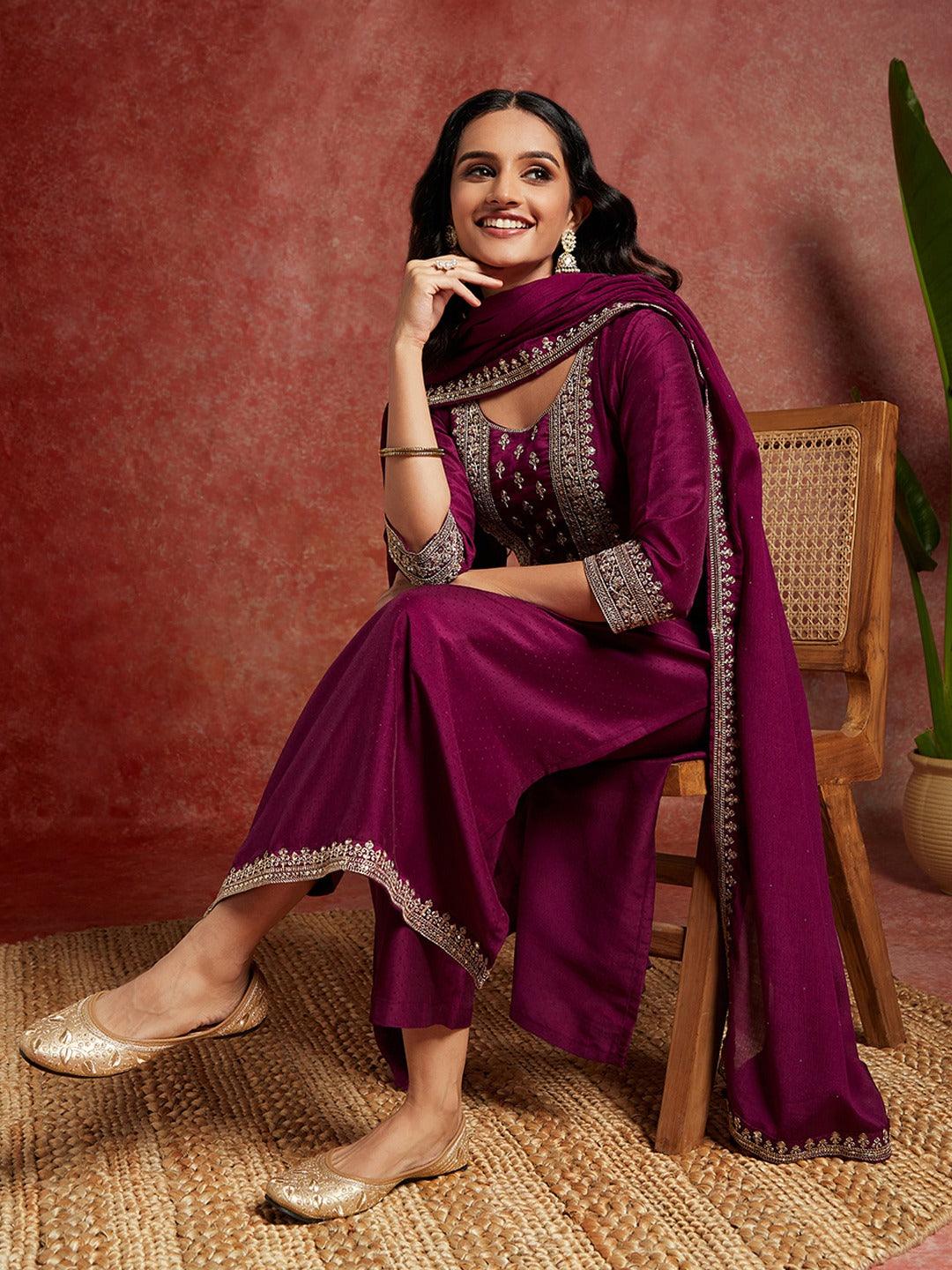 Purple Yoke Design Silk Blend Straight Kurta With Palazzos & Dupatta - ShopLibas