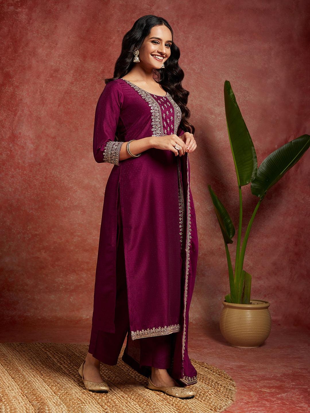 Purple Yoke Design Silk Blend Straight Kurta With Palazzos & Dupatta - ShopLibas