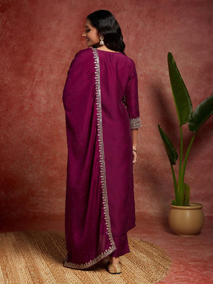 Purple Yoke Design Silk Blend Straight Suit With Dupatta