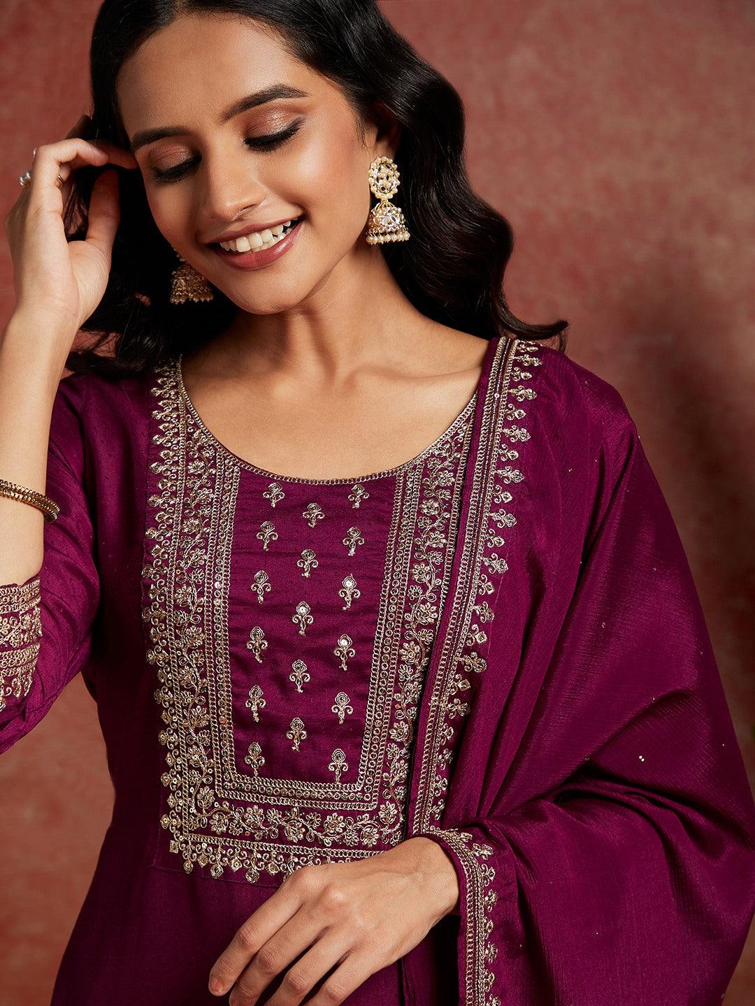 Purple Yoke Design Silk Blend Straight Kurta With Palazzos & Dupatta - ShopLibas