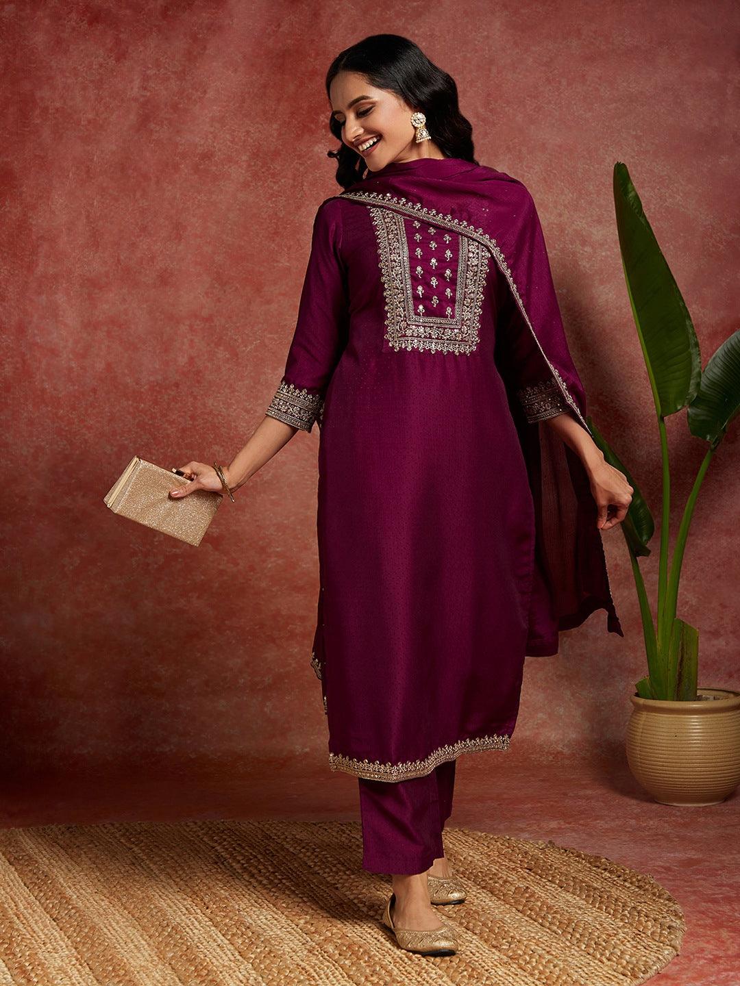 Purple Yoke Design Silk Blend Straight Kurta With Palazzos & Dupatta - ShopLibas
