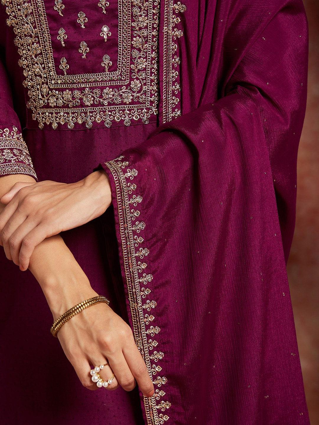 Purple Yoke Design Silk Blend Straight Kurta With Palazzos & Dupatta - ShopLibas