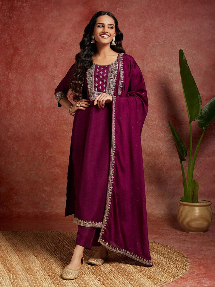 Purple Yoke Design Silk Blend Straight Suit With Dupatta