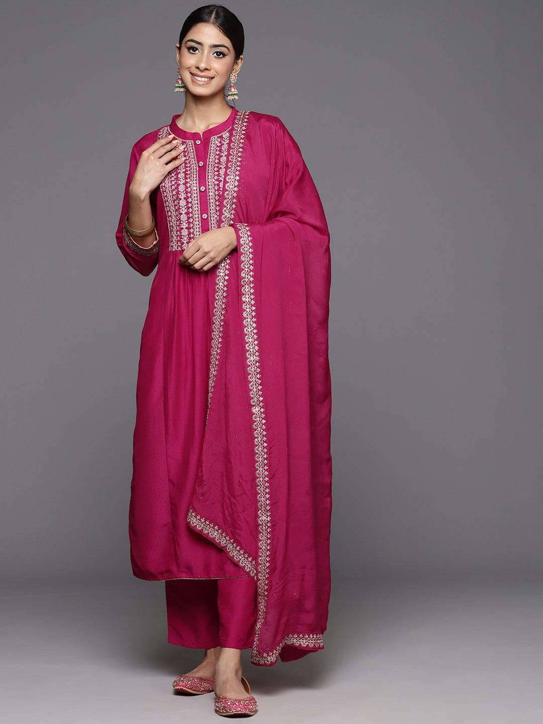 Pink Yoke Design Silk Blend A-Line Kurta With Palazzos & Dupatta - ShopLibas