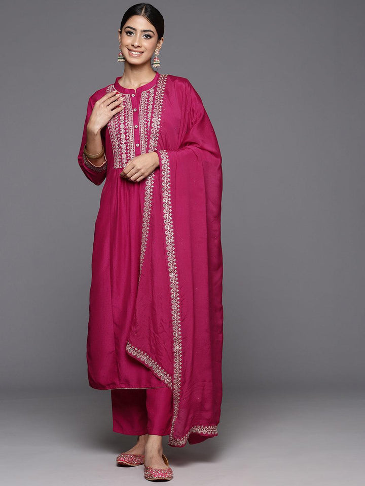 Pink Yoke Design Silk Blend A-Line Kurta With Palazzos & Dupatta