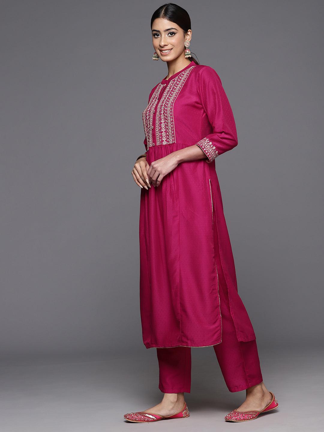 Pink Yoke Design Silk Blend A-Line Kurta With Palazzos & Dupatta - ShopLibas