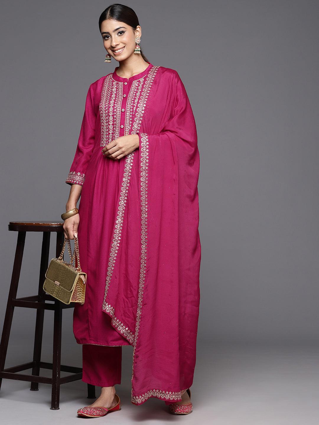 Pink Yoke Design Silk Blend A-Line Kurta With Palazzos & Dupatta - ShopLibas