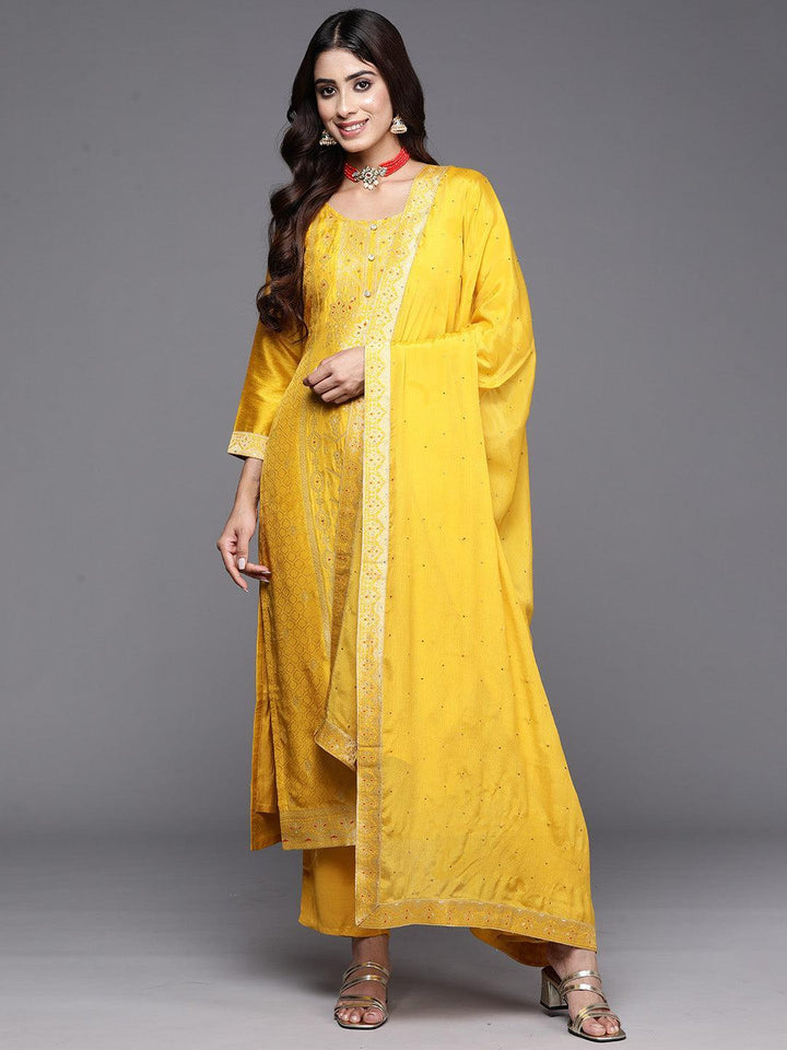 Yellow Woven Design Silk Blend Straight Suit With Dupatta