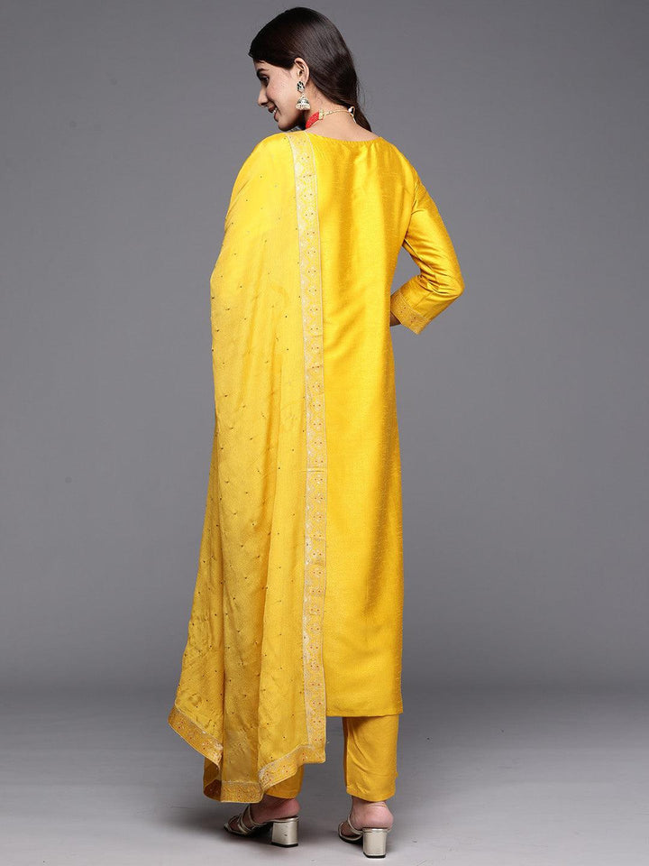 Yellow Woven Design Silk Blend Straight Suit With Dupatta