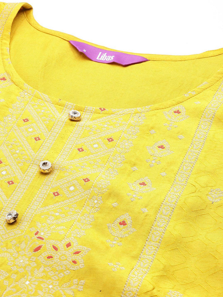 Yellow Woven Design Silk Blend Straight Suit With Dupatta