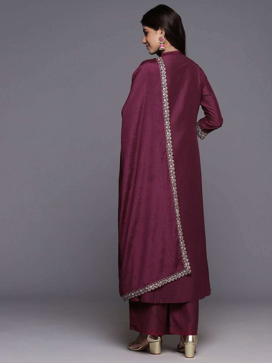 Wine Yoke Design Silk Blend Anarkali Kurta With Palazzos & Dupatta - ShopLibas