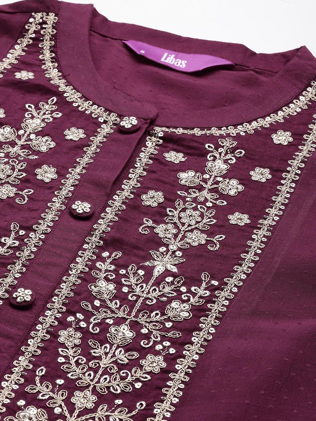 Wine Yoke Design Silk Blend Anarkali Kurta With Palazzos & Dupatta - ShopLibas