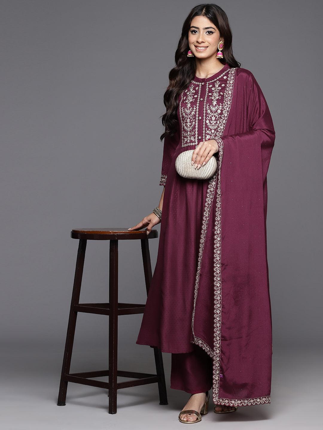 Wine Yoke Design Silk Blend Anarkali Kurta With Palazzos & Dupatta - ShopLibas