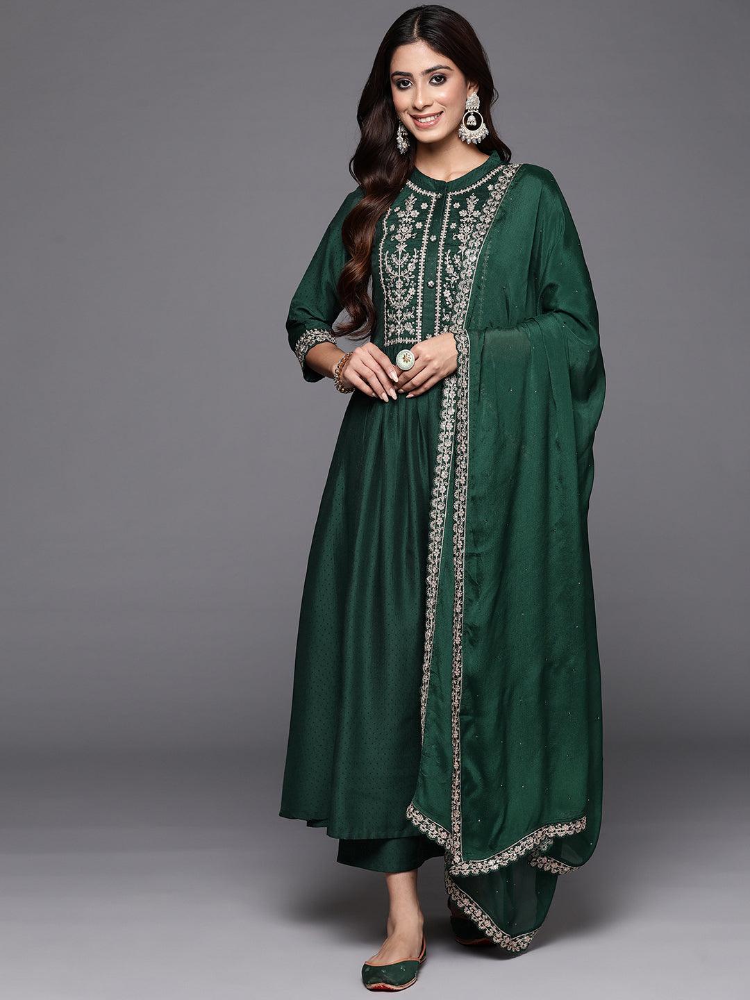 Green Yoke Design Silk Blend Anarkali Kurta With Palazzos & Dupatta - ShopLibas