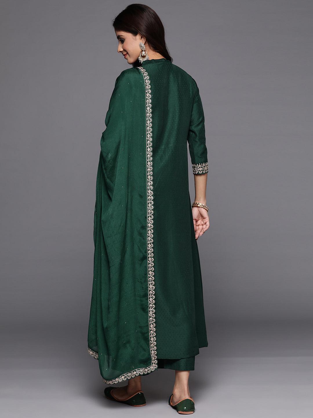 Green Yoke Design Silk Blend Anarkali Kurta With Palazzos & Dupatta - ShopLibas