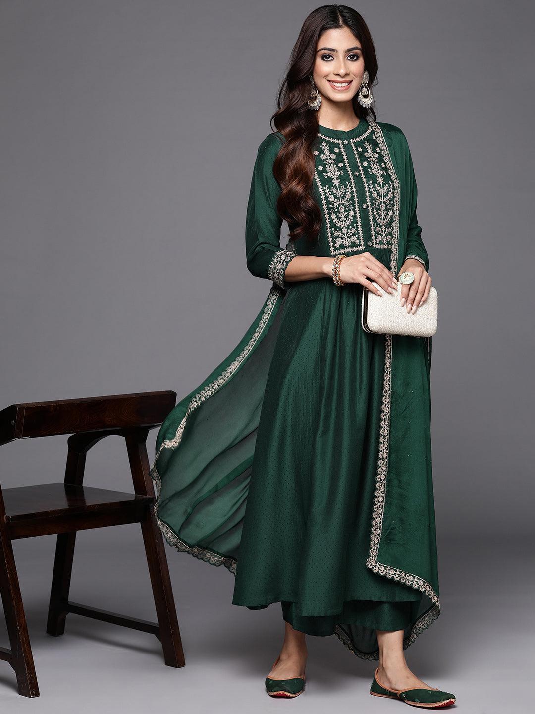 Green Yoke Design Silk Blend Anarkali Kurta With Palazzos & Dupatta - ShopLibas