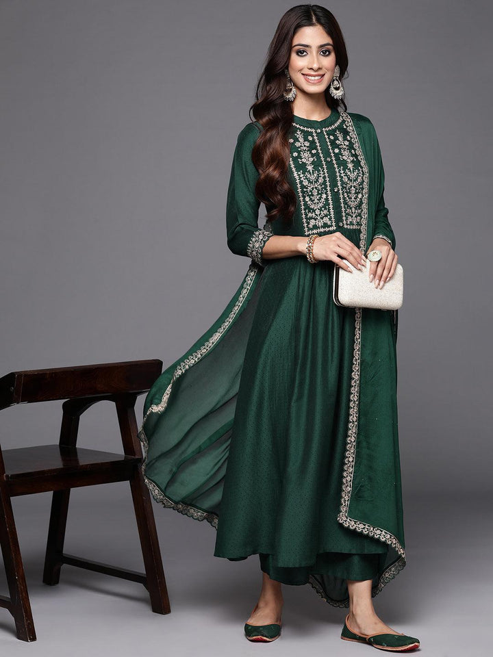 Green Yoke Design Silk Blend Anarkali Suit With Dupatta