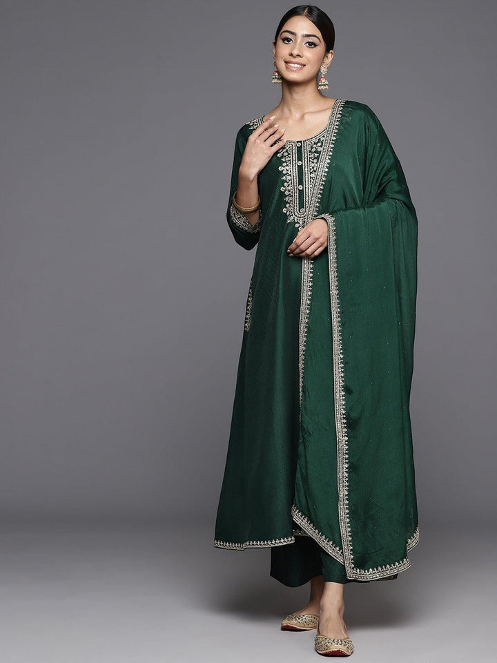 Green Yoke Design Silk Blend A-Line Kurta With Palazzos & Dupatta