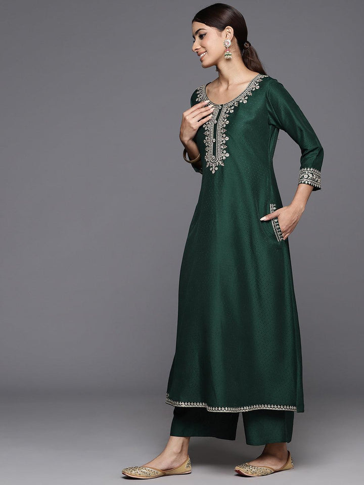 Green Yoke Design Silk Blend A-Line Kurta With Palazzos & Dupatta