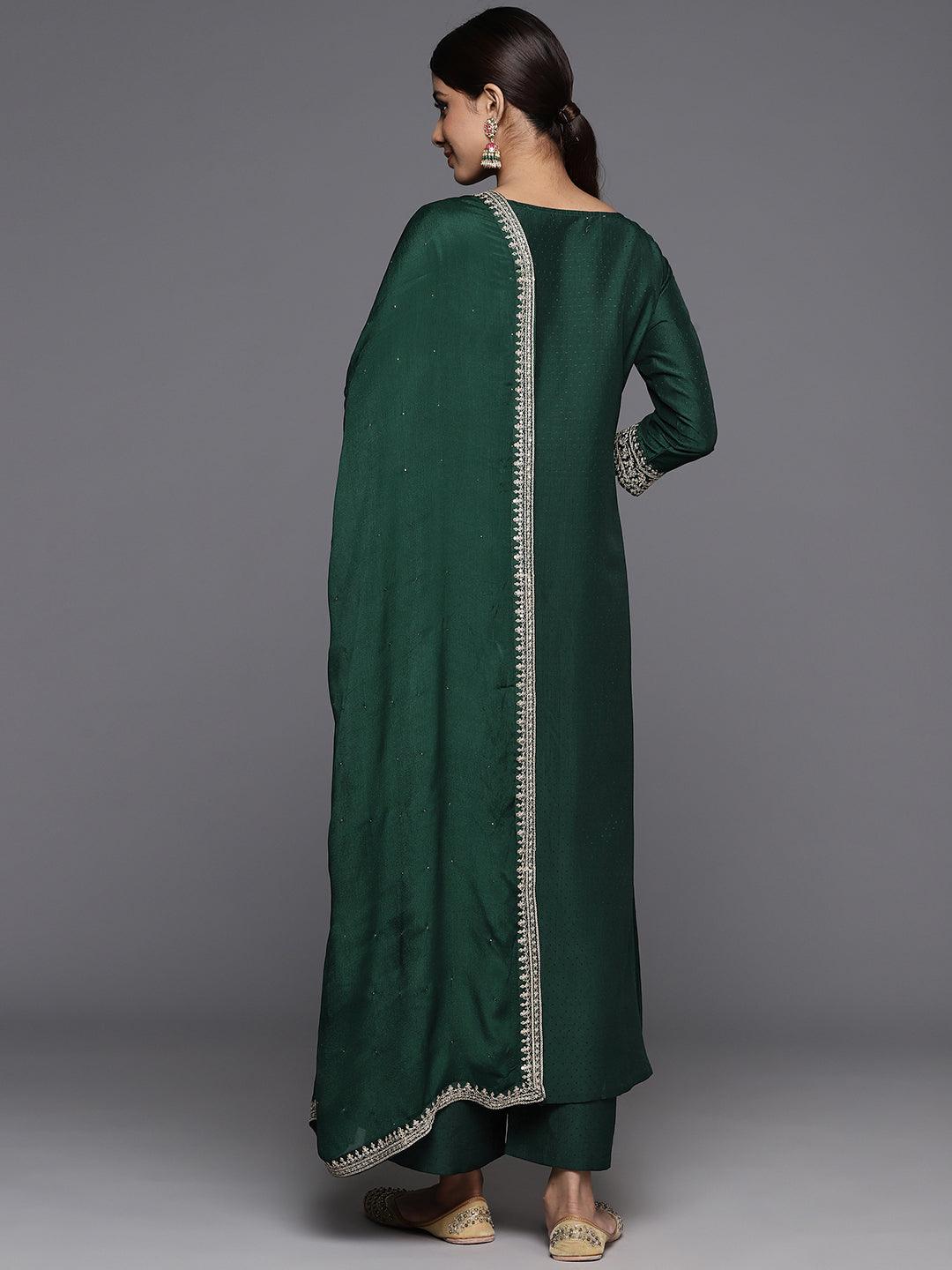 Green Yoke Design Silk Blend A-Line Kurta With Palazzos & Dupatta - ShopLibas