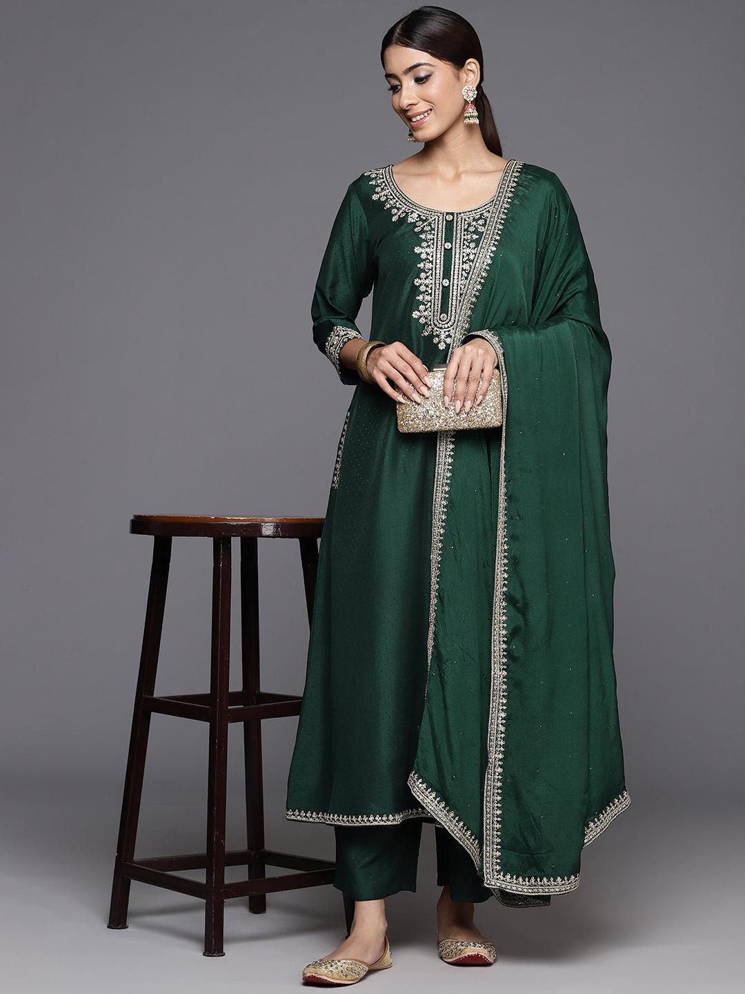 Green Yoke Design Silk Blend A-Line Kurta With Palazzos & Dupatta - ShopLibas