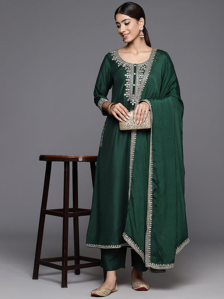 Green Yoke Design Silk Blend A-Line Kurta With Palazzos & Dupatta