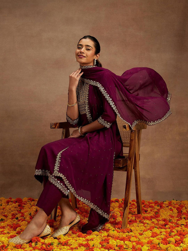 Purple Yoke Design Silk Blend Straight Suit With Dupatta