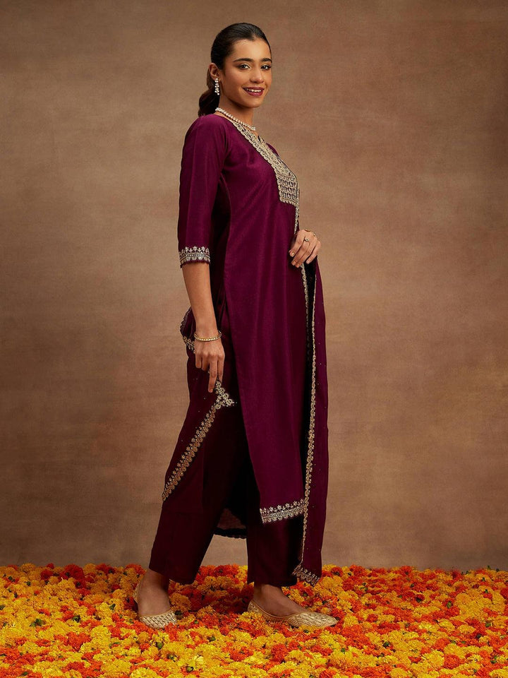 Purple Yoke Design Silk Blend Straight Suit With Dupatta