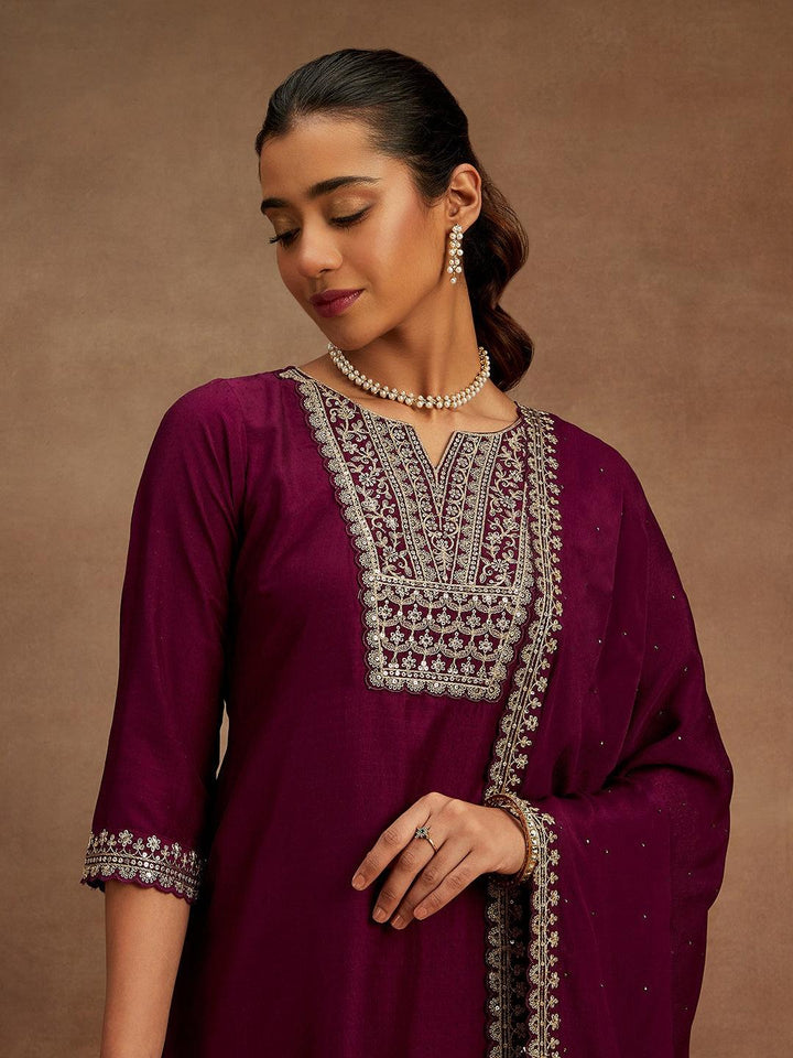 Purple Yoke Design Silk Blend Straight Suit With Dupatta