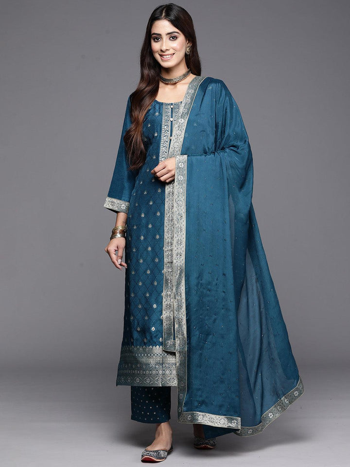 Teal Woven Design Silk Blend Straight Suit With Dupatta