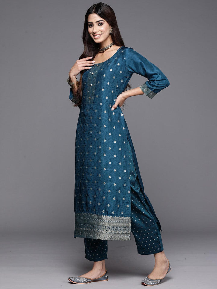 Teal Woven Design Silk Blend Straight Suit With Dupatta