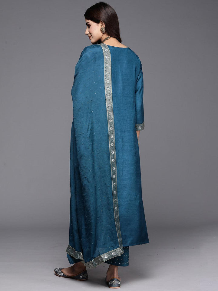 Teal Woven Design Silk Blend Straight Suit With Dupatta