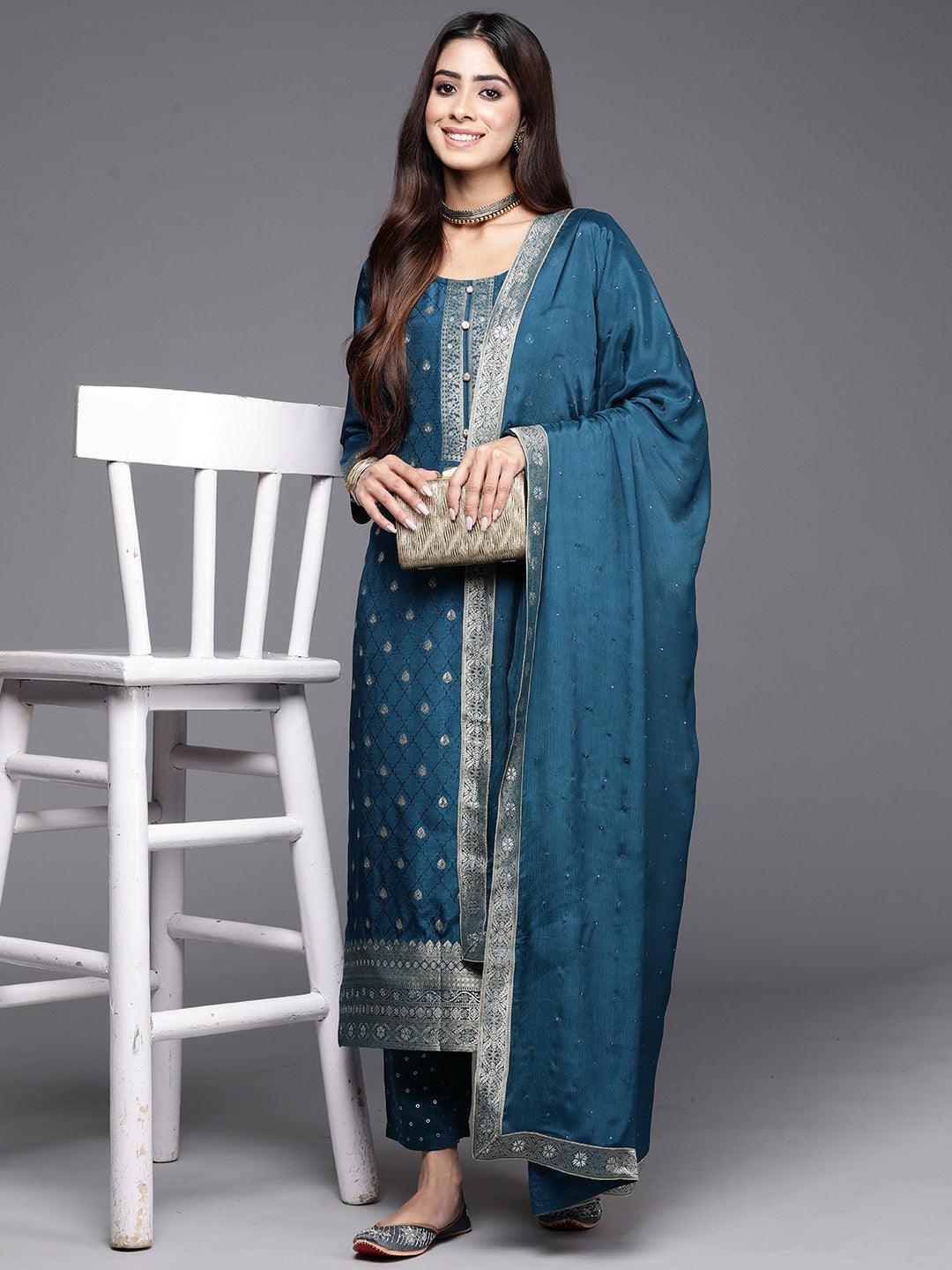 Teal Woven Design Silk Blend Straight Kurta With Trousers & Dupatta - ShopLibas