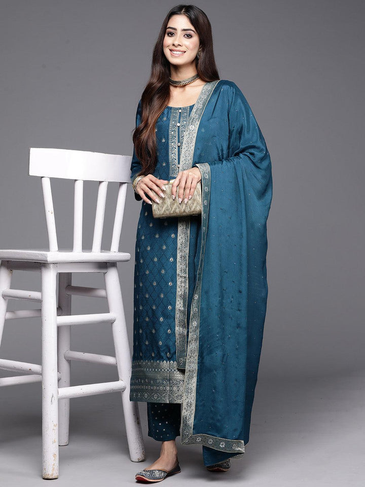 Teal Woven Design Silk Blend Straight Suit With Dupatta