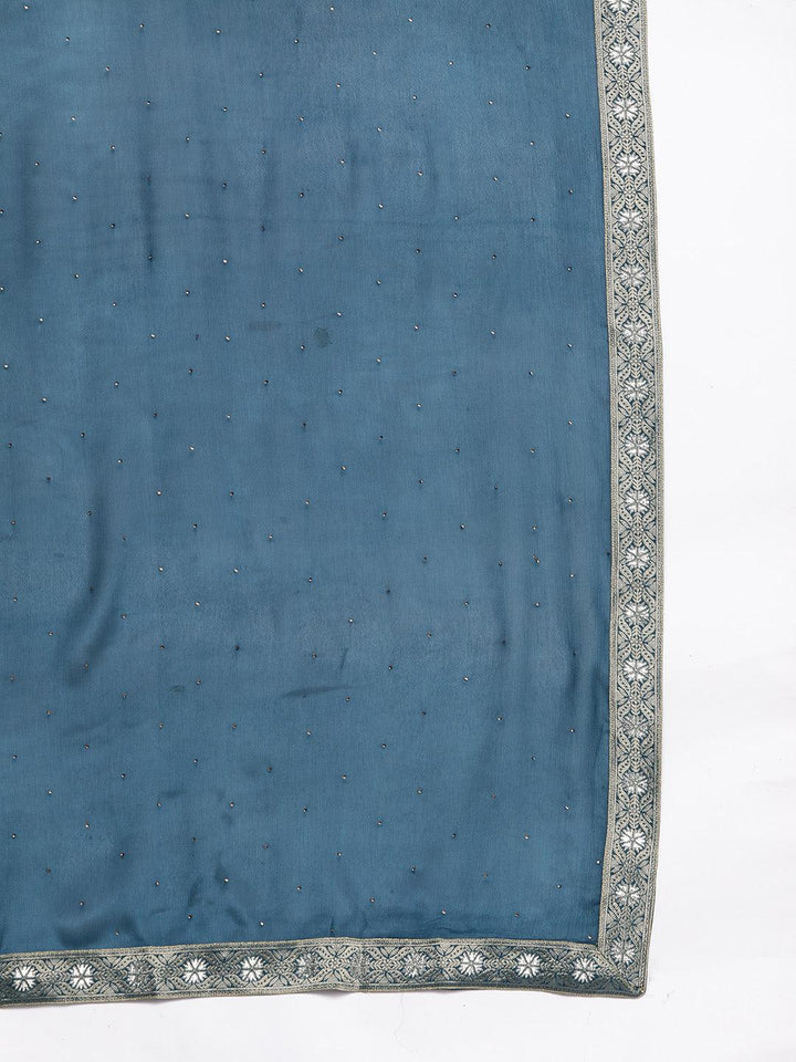 Teal Woven Design Silk Blend Straight Suit With Dupatta