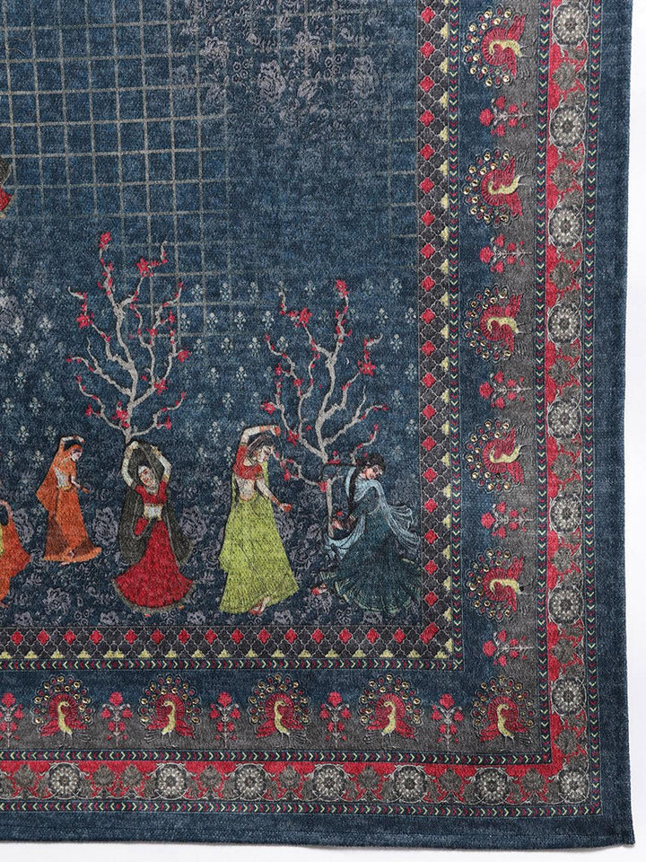 Blue Printed Wool Blend Straight Suit With Dupatta