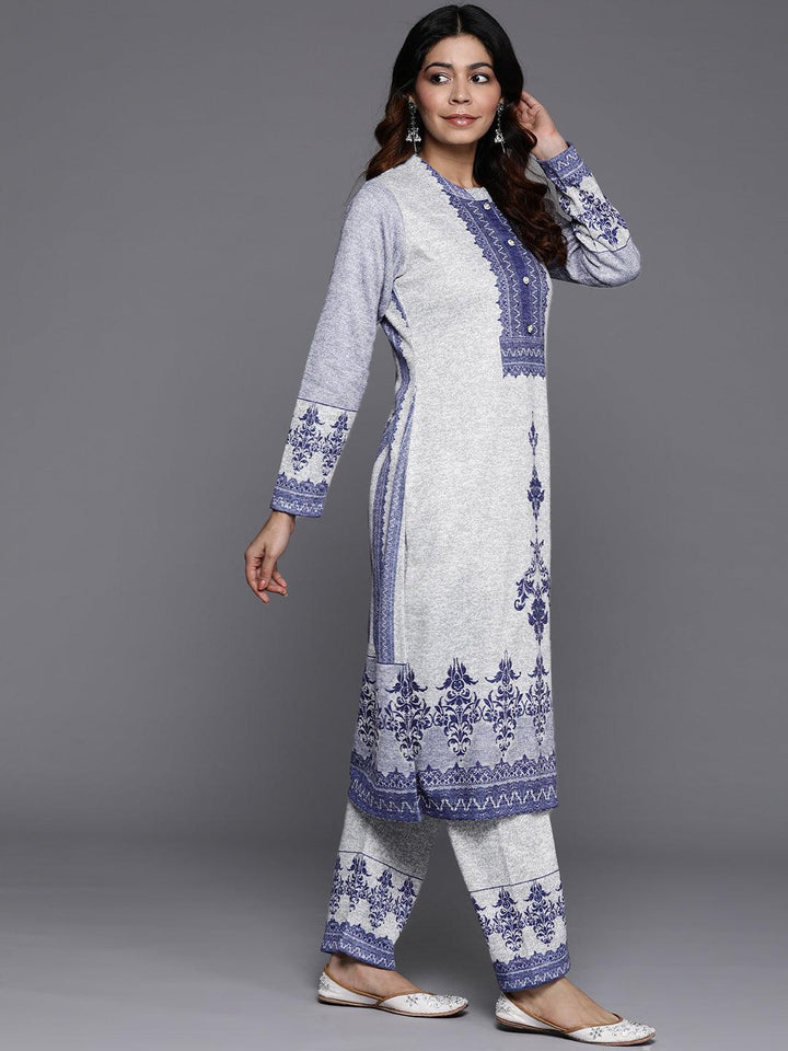 Grey Printed Wool Blend Straight Suit With Dupatta