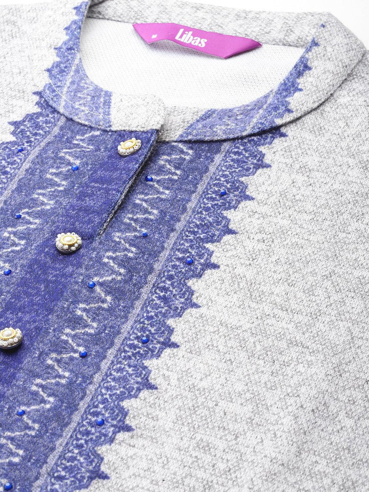 Grey Printed Wool Blend Straight Suit With Dupatta